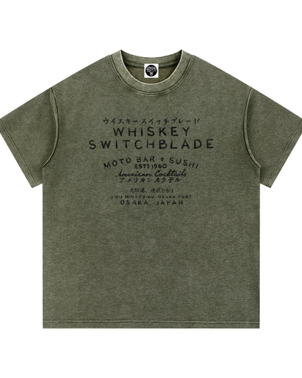 Whiskey Switchblade - Moto Bar & Sushi - Mineral Wash Waffle Knit T-Shirt