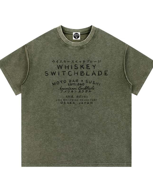 Whiskey Switchblade - Moto Bar & Sushi - Mineral Wash Waffle Knit T-Shirt