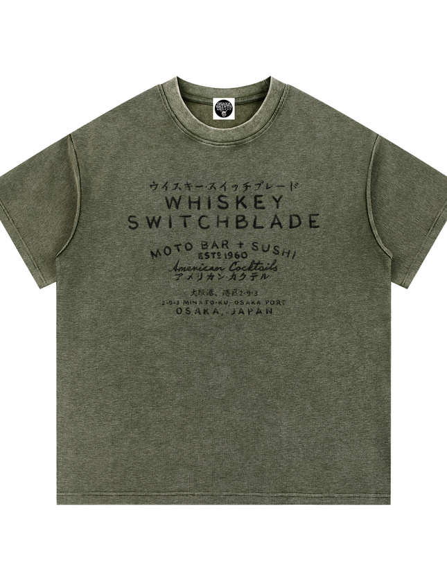 Whiskey Switchblade - Moto Bar & Sushi - Mineral Wash Waffle Knit T-Shirt