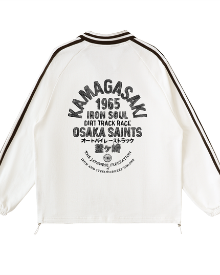 "42 Iron Soul Dirt Track Race"  Contrast Striped Lapel Collar Sweatshirt