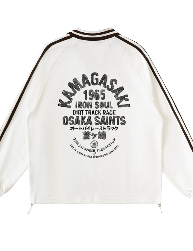 "42 Iron Soul Dirt Track Race"  Contrast Striped Lapel Collar Sweatshirt