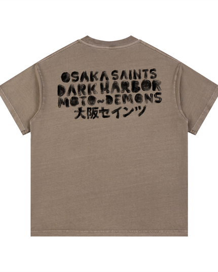Osaka Saints  "Dark Harbor Moto-Demons"Vintage Wash Cotton T-Shirt