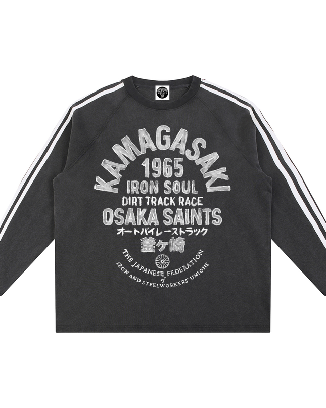 "Iron Soul Dirt Track Race" Snow Washed Contrast Tape Sweatshirt